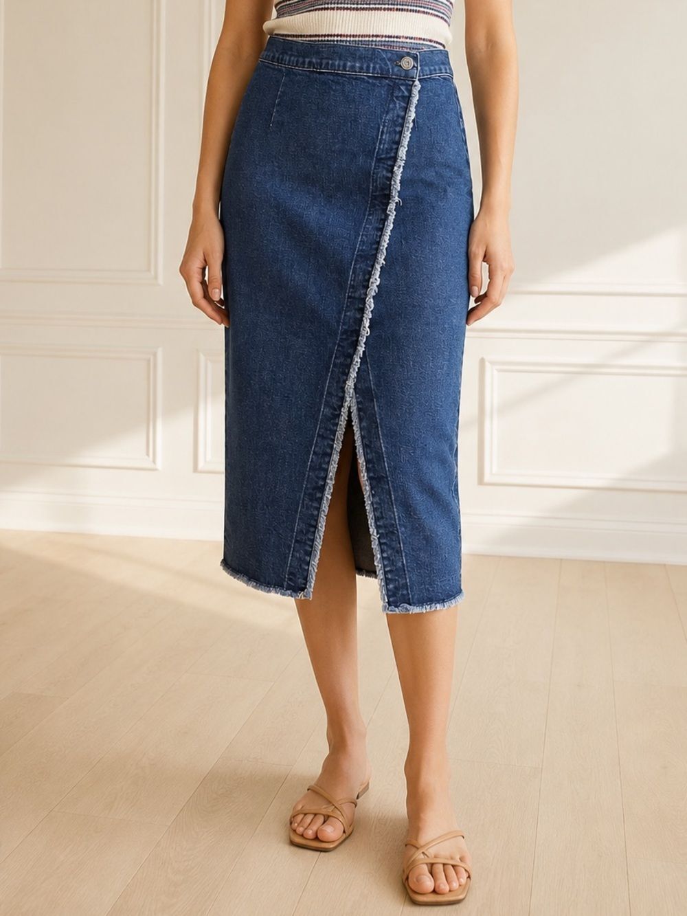 Madewell Denim Wrap Midi Skirt Size 25 0 Blue Raw Hem Asymmetrical Slit Stretch